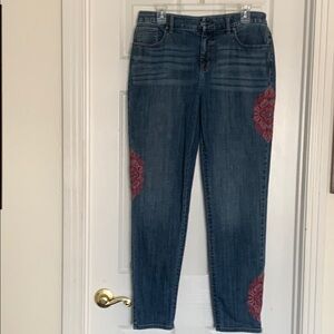 Chico's Slimming Girlfriend  Ankle Jeans with Red and Pink Floral Embroidery